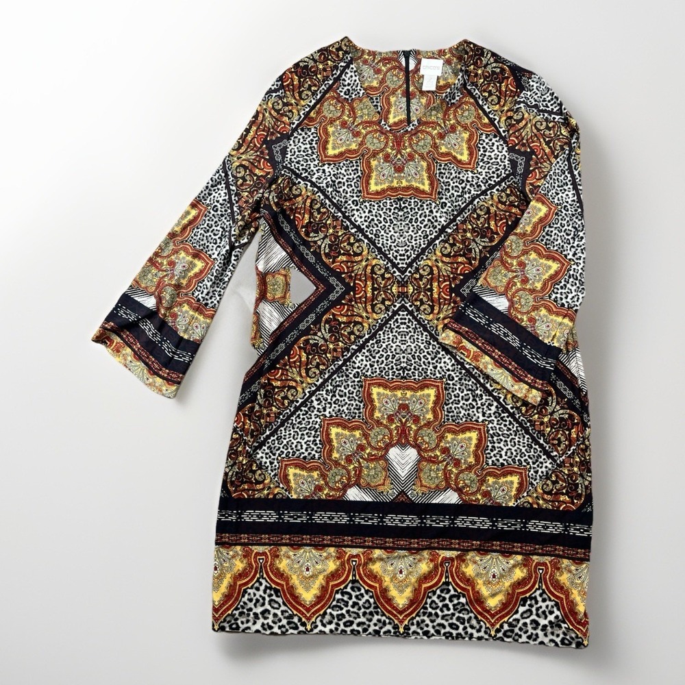 Chico's Animal Paisley Medallion Dress Sz L (2) Leopard Print Liquid Knit Tunic